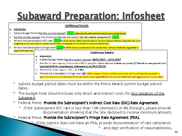 Subaward Preparation: Infosheet Subsite budget period dates must be within the Prime Award current