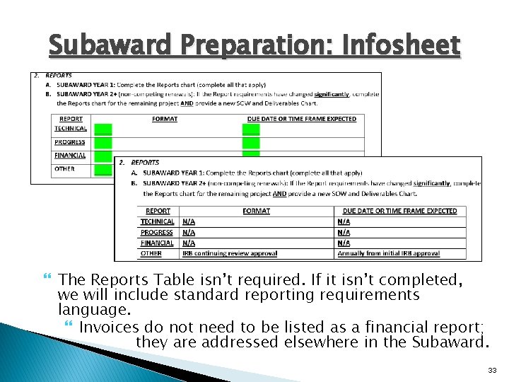 Subaward Preparation: Infosheet The Reports Table isn’t required. If it isn’t completed, we will