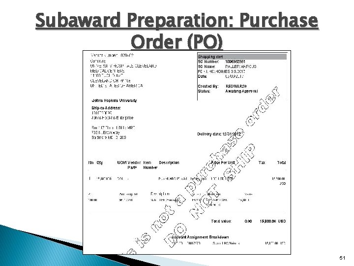 Subaward Preparation: Purchase Order (PO) 51 