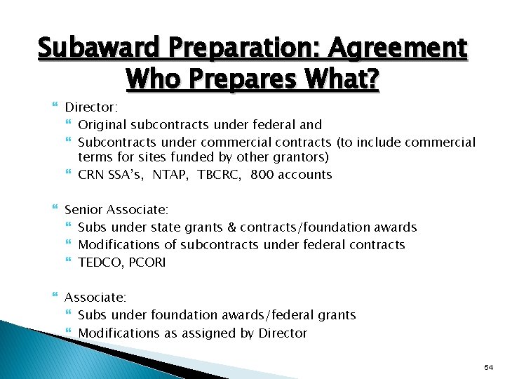Subaward Preparation: Agreement Who Prepares What? Director: Original subcontracts under federal and Subcontracts under