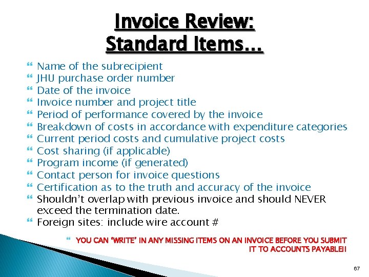 Invoice Review: Standard Items… Name of the subrecipient JHU purchase order number Date of