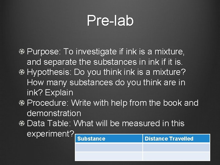 Pre-lab Purpose: To investigate if ink is a mixture, and separate the substances in