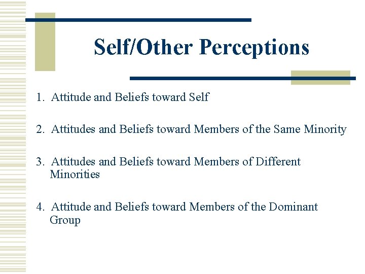 Self/Other Perceptions 1. Attitude and Beliefs toward Self 2. Attitudes and Beliefs toward Members