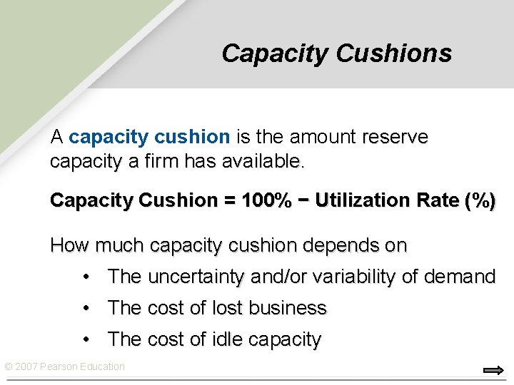 Capacity Cushions A capacity cushion is the amount reserve capacity a firm has available.