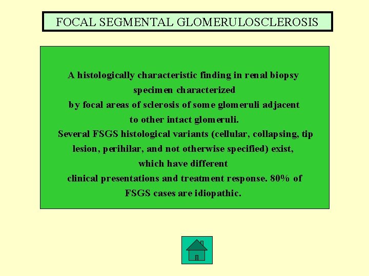 FOCAL SEGMENTAL GLOMERULOSCLEROSIS A histologically characteristic finding in renal biopsy specimen characterized by focal