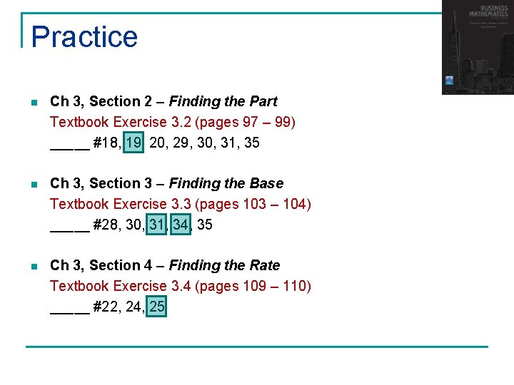 Practice n Ch 3, Section 2 – Finding the Part Textbook Exercise 3. 2