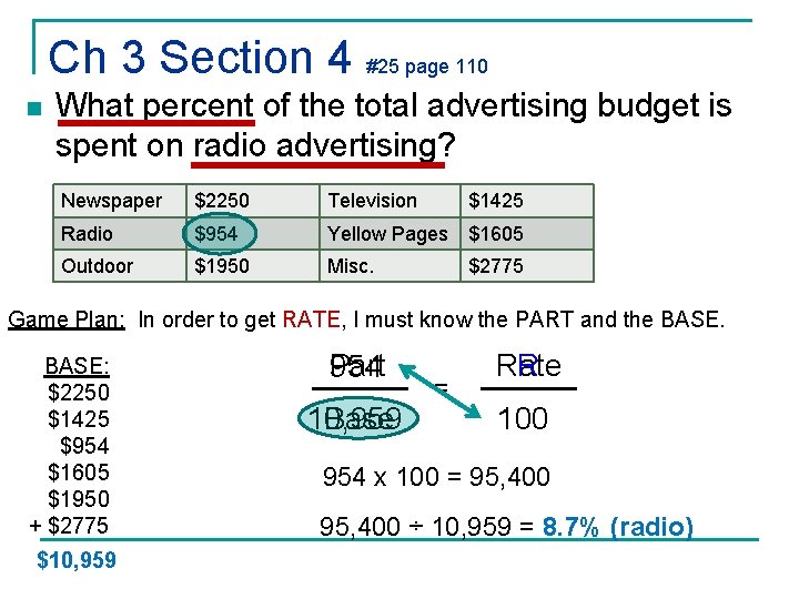 Ch 3 Section 4 #25 page 110 n What percent of the total advertising