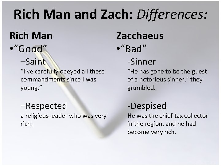 Rich Man and Zach: Differences: Rich Man • “Good” –Saint “I’ve carefully obeyed all