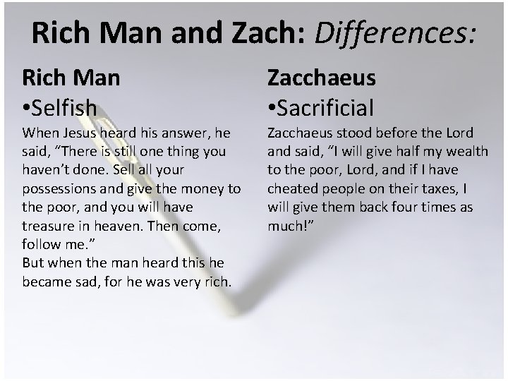 Rich Man and Zach: Differences: Rich Man • Selfish When Jesus heard his answer,
