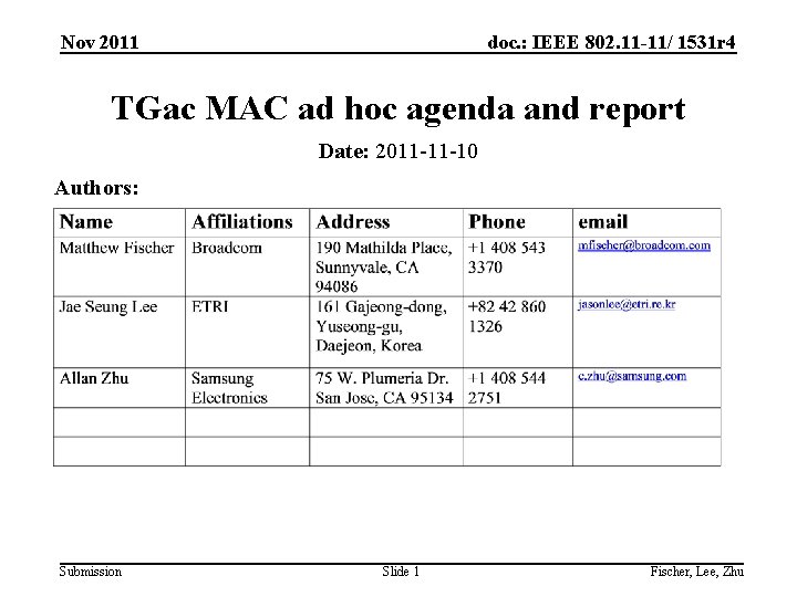 Nov 2011 doc. : IEEE 802. 11 -11/ 1531 r 4 TGac MAC ad