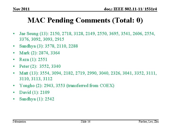 Nov 2011 doc. : IEEE 802. 11 -11/ 1531 r 4 MAC Pending Comments