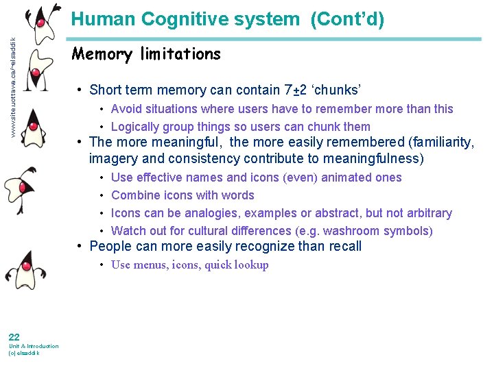 www. site. uottawa. ca/~elsaddik Human Cognitive system (Cont’d) Memory limitations • Short term memory
