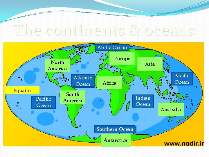 The continents & oceans Arctic Ocean Europe North America Atlantic Ocean Equator Pacific Ocean