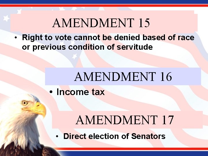 AMENDMENT 15 • Right to vote cannot be denied based of race or previous