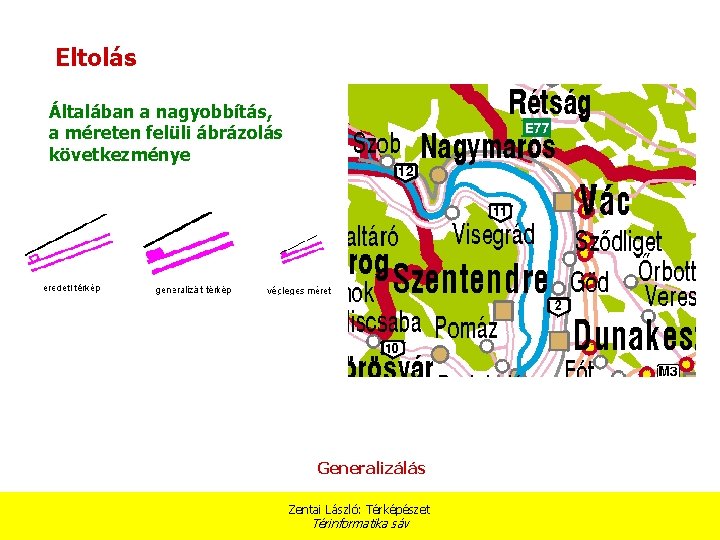 Eltolás Általában a nagyobbítás, a méreten felüli ábrázolás következménye Generalizálás Zentai László: Térképészet Térinformatika