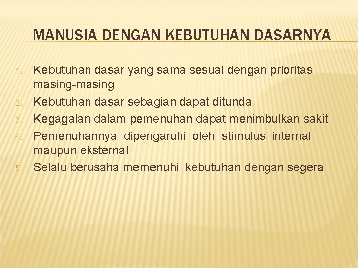 MANUSIA DENGAN KEBUTUHAN DASARNYA 1. 2. 3. 4. 5. Kebutuhan dasar yang sama sesuai