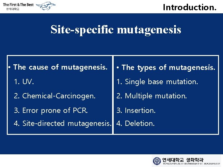 Introduction. Site-specific mutagenesis • The cause of mutagenesis. • The types of mutagenesis. 1.