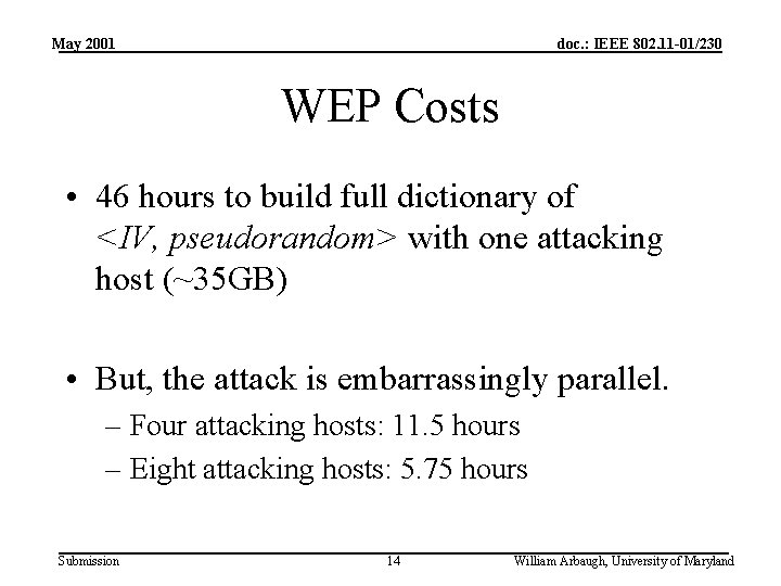 May 2001 doc. : IEEE 802. 11 -01/230 WEP Costs • 46 hours to
