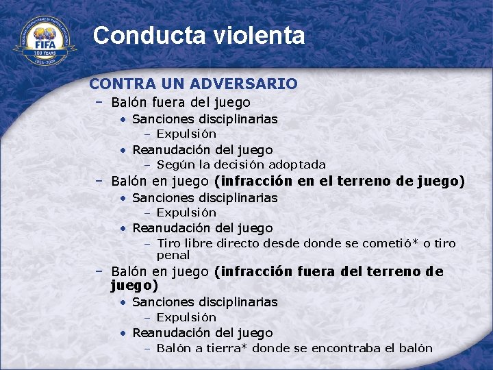 Conducta violenta CONTRA UN ADVERSARIO − Balón fuera del juego • Sanciones disciplinarias –