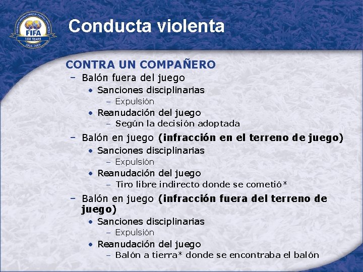 Conducta violenta CONTRA UN COMPAÑERO − Balón fuera del juego • Sanciones disciplinarias –