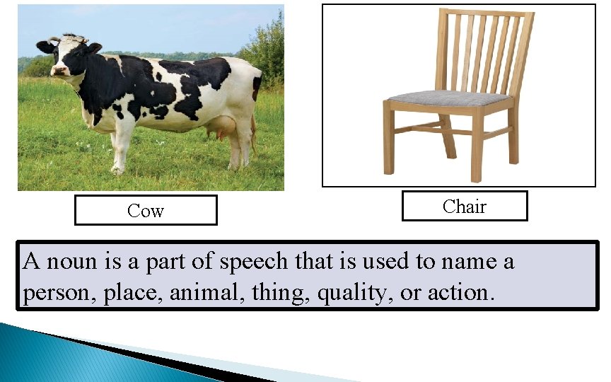Cow Chair A noun is a part of speech that is used to name