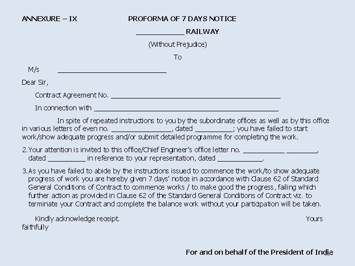 ANNEXURE – IX PROFORMA OF 7 DAYS NOTICE ______ RAILWAY (Without Prejudice) To M/s ANNEXURE – IX PROFORMA OF 7 DAYS NOTICE ______ RAILWAY (Without Prejudice) To M/s