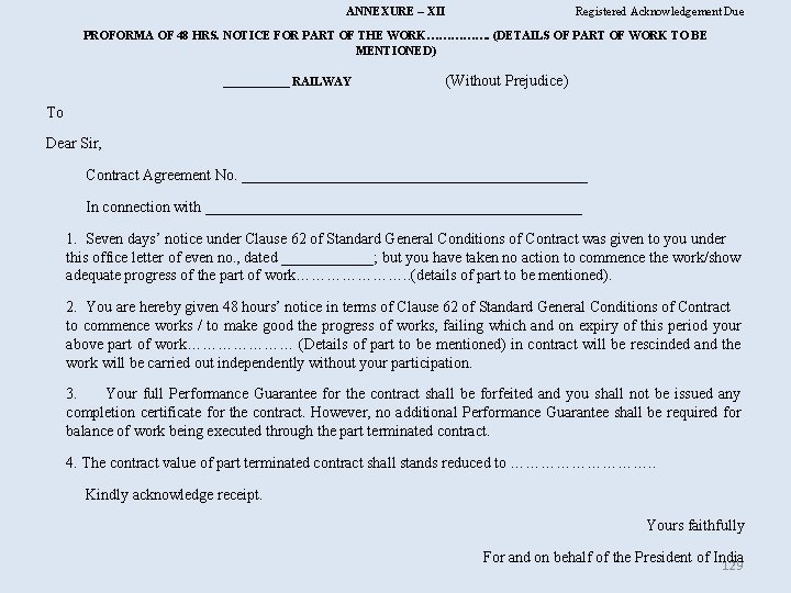 ANNEXURE – XII Registered Acknowledgement Due PROFORMA OF 48 HRS. NOTICE FOR PART OF ANNEXURE – XII Registered Acknowledgement Due PROFORMA OF 48 HRS. NOTICE FOR PART OF