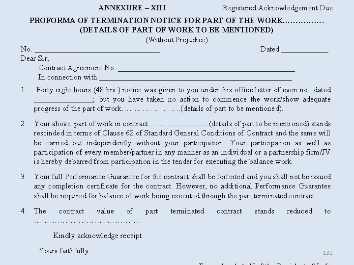 ANNEXURE – XIII Registered Acknowledgement Due PROFORMA OF TERMINATION NOTICE FOR PART OF THE ANNEXURE – XIII Registered Acknowledgement Due PROFORMA OF TERMINATION NOTICE FOR PART OF THE