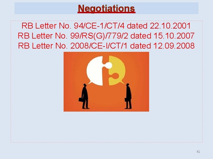 Negotiations RB Letter No. 94/CE-1/CT/4 dated 22. 10. 2001 RB Letter No. 99/RS(G)/779/2 dated Negotiations RB Letter No. 94/CE-1/CT/4 dated 22. 10. 2001 RB Letter No. 99/RS(G)/779/2 dated