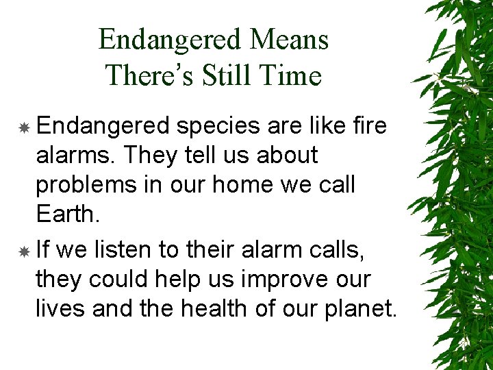 Endangered Means There’s Still Time Endangered species are like fire alarms. They tell us