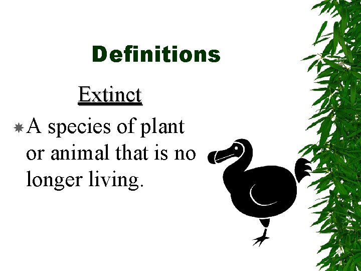 Definitions Extinct A species of plant or animal that is no longer living. 