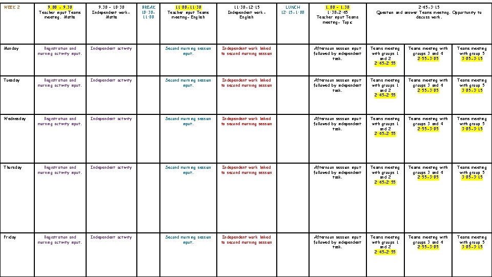 WEEK 2 9. 00 - 9. 30 Teacher input Teams meeting. Maths 9. 30