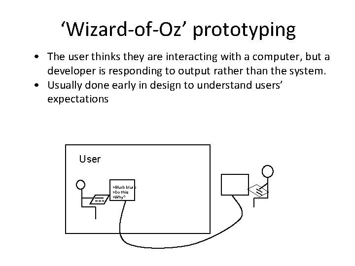 ‘Wizard-of-Oz’ prototyping • The user thinks they are interacting with a computer, but a