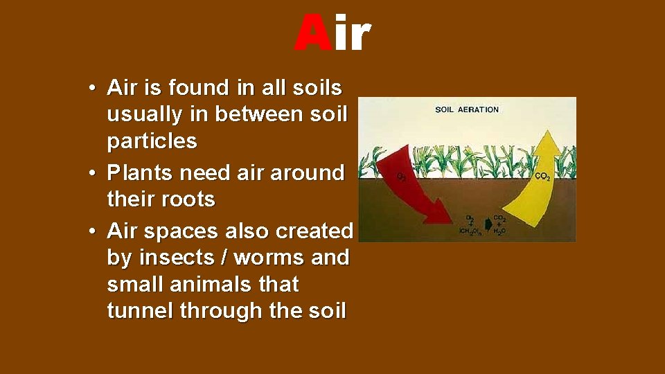 Air • Air is found in all soils usually in between soil particles •