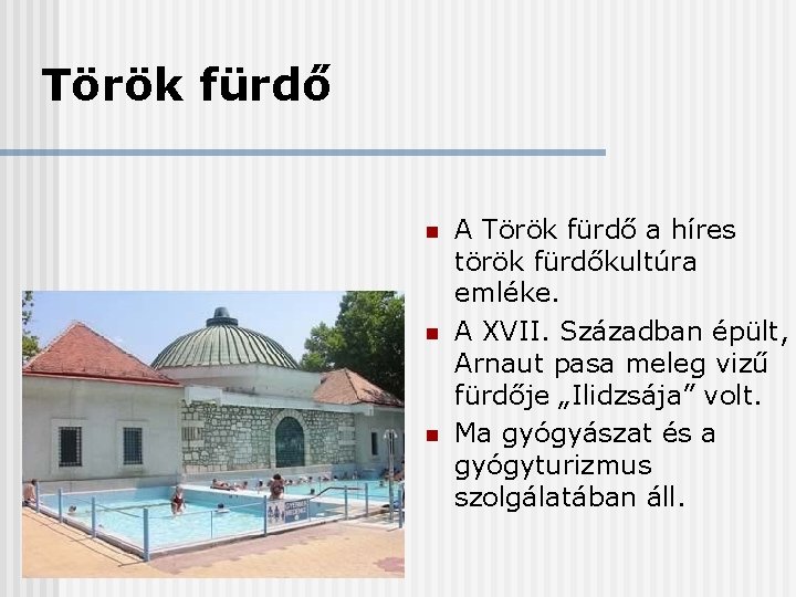 Török fürdő n n n A Török fürdő a híres török fürdőkultúra emléke. A