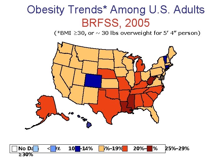 Obesity Trends* Among U. S. Adults BRFSS, 2005 (*BMI ≥ 30, or ~ 30