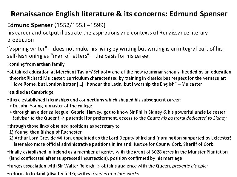 Renaissance English literature & its concerns: Edmund Spenser (1552/1553 – 1599) his career and