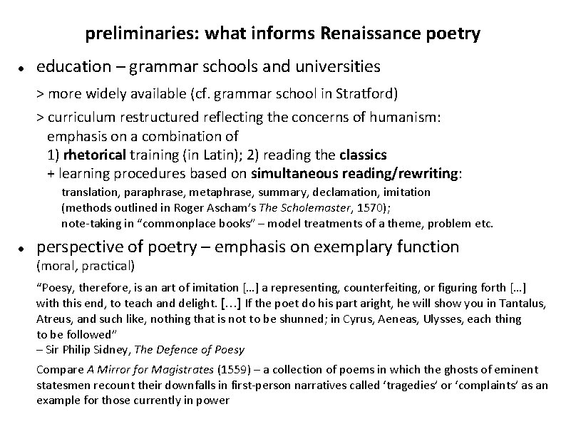 preliminaries: what informs Renaissance poetry education – grammar schools and universities > more widely