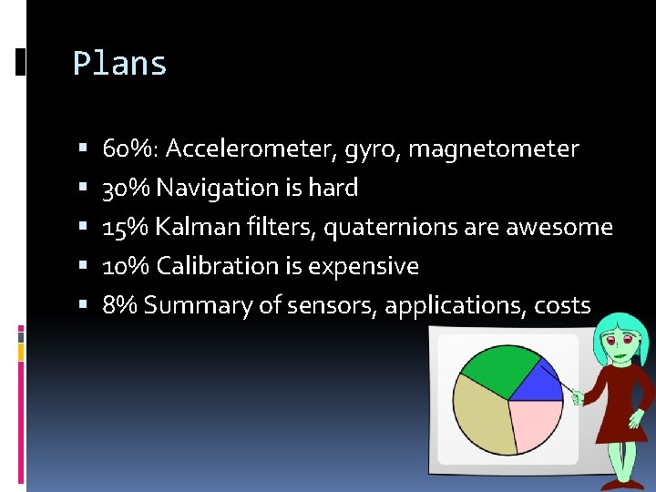 Plans 60%: Accelerometer, gyro, magnetometer 30% Navigation is hard 15% Kalman filters, quaternions are