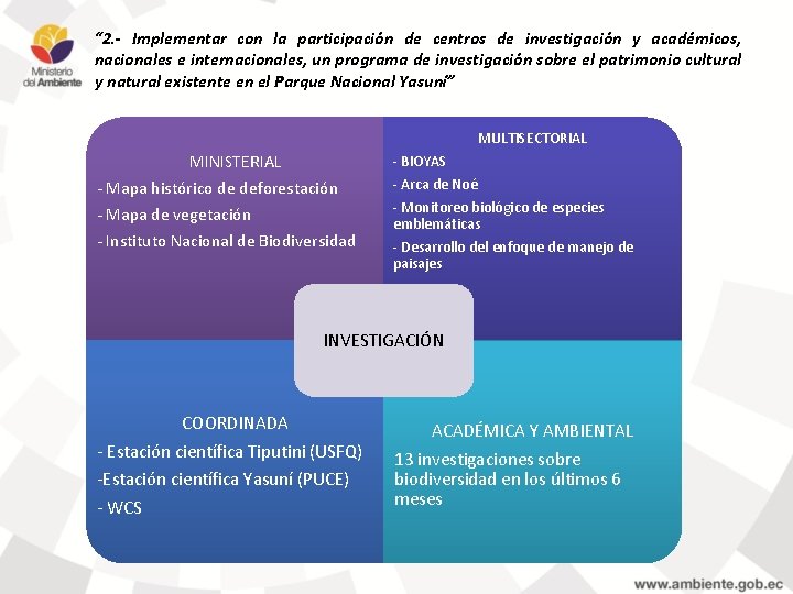 “ 2. - Implementar con la participación de centros de investigación y académicos, nacionales