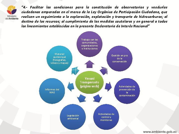 “ 4. - Facilitar las condiciones para la constitución de observatorios y veedurías ciudadanas