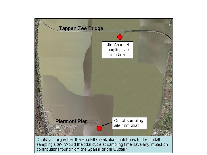 Tappan Zee Bridge Mid-Channel sampling site from boat Piermont Pier Outfall sampling site from