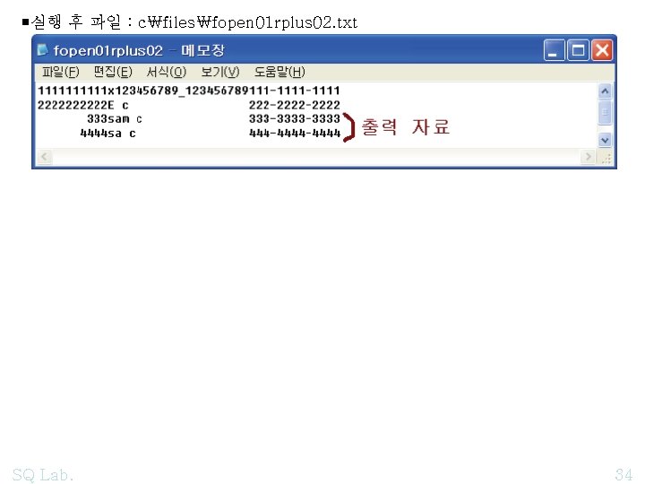 ￭실행 후 파일 : c₩files₩fopen 01 rplus 02. txt SQ Lab. 34 