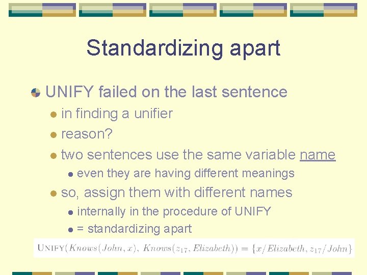 Standardizing apart UNIFY failed on the last sentence in finding a unifier l reason?