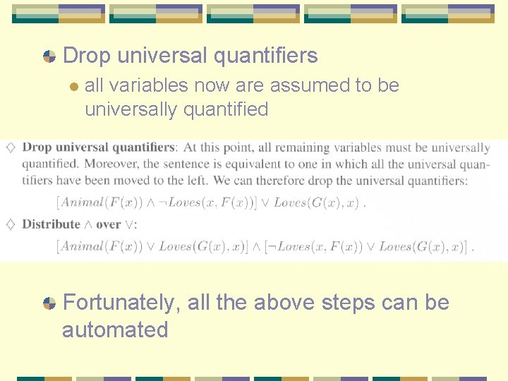 Drop universal quantifiers l all variables now are assumed to be universally quantified Fortunately,