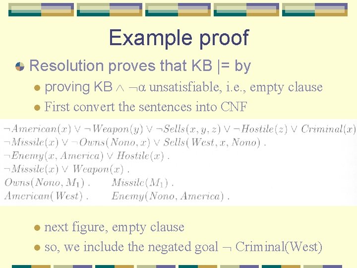 Example proof Resolution proves that KB |= by proving KB α unsatisfiable, i. e.