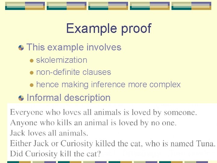 Example proof This example involves skolemization l non-definite clauses l hence making inference more