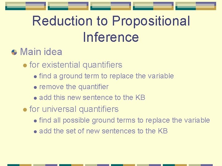 Reduction to Propositional Inference Main idea l for existential quantifiers find a ground term