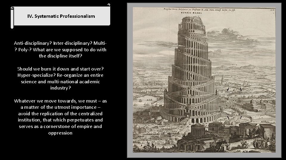 IV. Systematic Professionalism Anti-disciplinary? Inter-disciplinary? Multi? Poly-? What are we supposed to do with