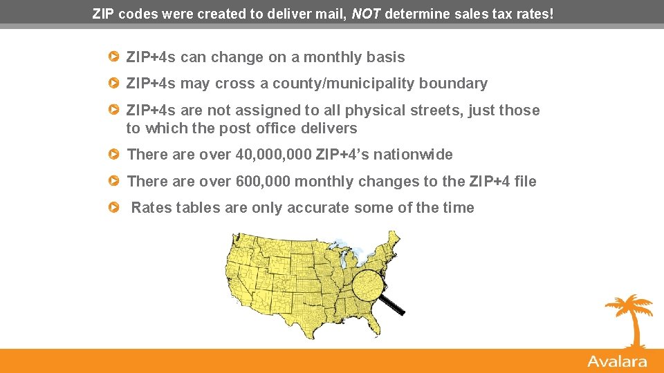ZIP codes were created to deliver mail, NOT determine sales tax rates! ZIP+4 s ZIP codes were created to deliver mail, NOT determine sales tax rates! ZIP+4 s